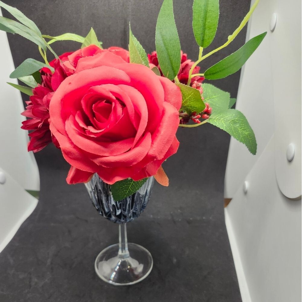 Hand Crafted Floral Table Centerpiece  Summer Red Roses Flower Wine Glass